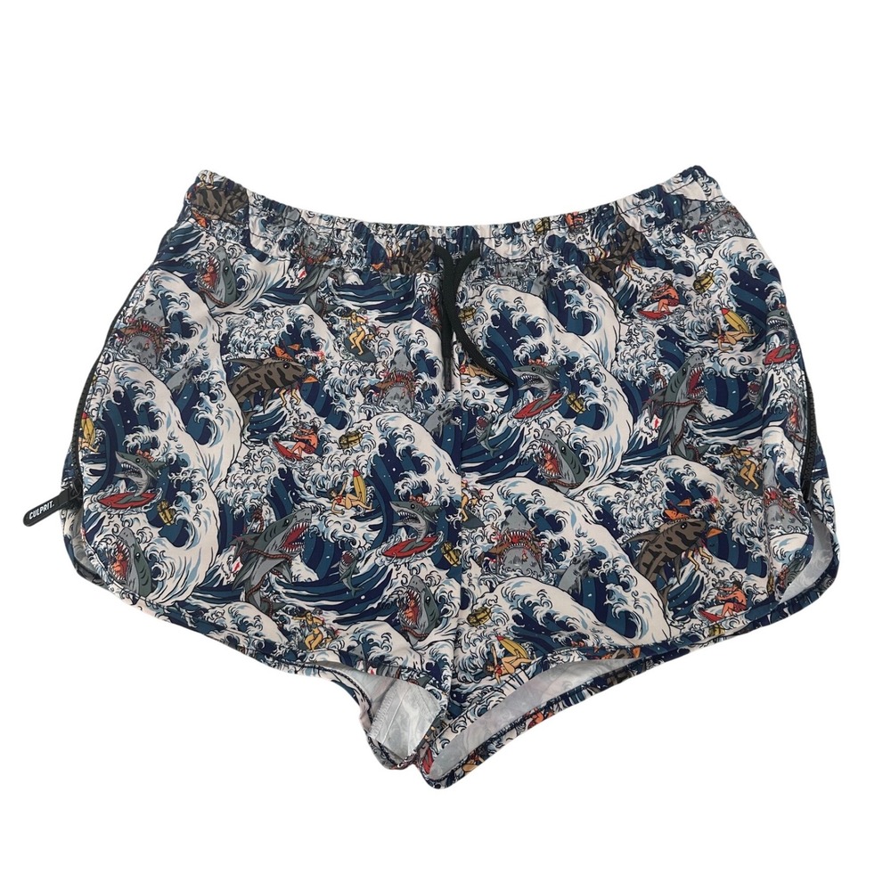 Culprit Men's Swim Trunks Shark Great Wave Print Blue White Size L Surfing